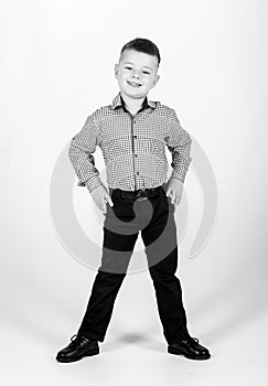 Confident boy. Little boy wear formal clothes. Cute boy serious event outfit. Impeccable style. Happy childhood. Kids