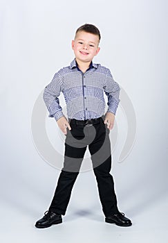 Confident boy. Little boy wear formal clothes. Cute boy serious event outfit. Impeccable style. Happy childhood. Kids photo