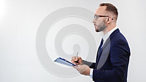 Confident business male holding folder signature document. Medium close up shot on 4k RED camera