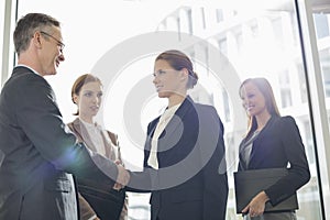 Confident business people shaking hands in office