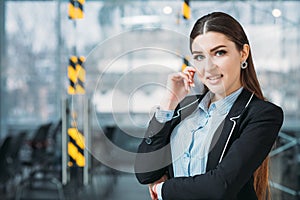 Confident business workspace woman portrait hand