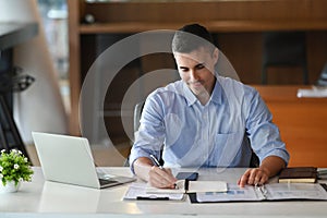 Businessman checking reports at his office desk.