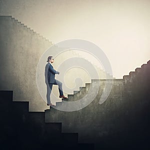 Confident businessman climbing an endless staircase with ups and downs, determined to reach the end and achieve success. Infinite