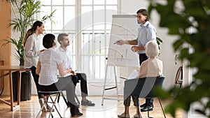 Confident businessman coach making flip chart presentation at workshop