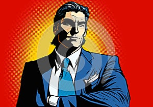 Confident businessman in comics style looking at the future. Boss with the blue necktie in pop-art style.