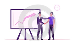 Confident Businessman Company Boss Shaking Hand to Office Employee Standing at Chartboard with Growing Arrow Graph