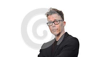 Confident Businessman with Glasses Against White