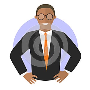 Confident businessman with hands akimbo. vector icon