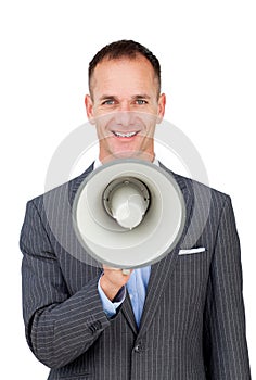 Confident businessman holding a megaphone