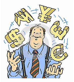 Confident businessman juggling currency symbols