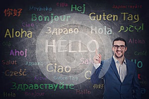 Confident businessman knows different languages. Person shows index finger to the blackboard with word hello translated in