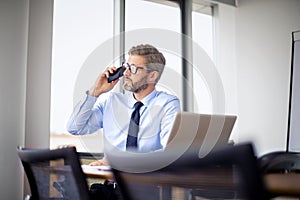 Confident businessman making a call while sitting at the office and using laptop