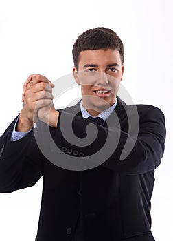 Confident businessman making a welcoming gesture