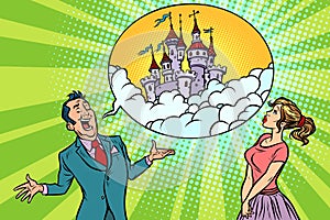 Confident businessman offers a woman fabulous castle in the sky