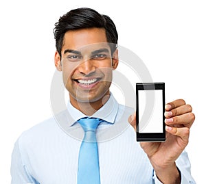 Confident Businessman Showing Smart Phone photo