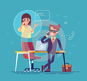 Confident businessman standing cross-legged, leaning on a table and talking on the phone with a woman. Vector.