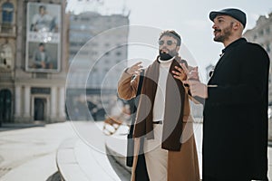 Confident businessmen discussing strategy outdoors in urban setting.