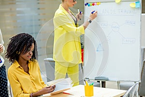 Confident businesswoman giving presentation using flipchart