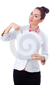 Confident businesswoman holding blank whiteboard