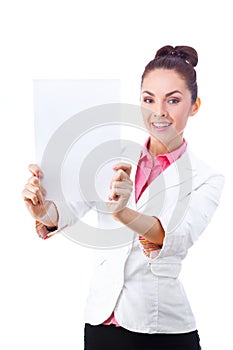 Confident businesswoman holding blank whiteboard