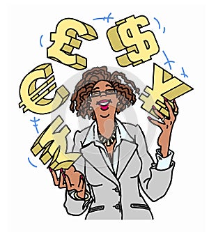 Confident businesswoman juggling currency symbols