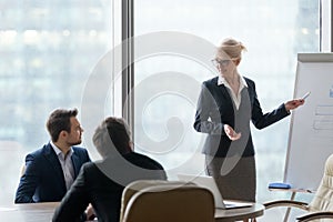 Confident businesswoman make whiteboard presentation training em