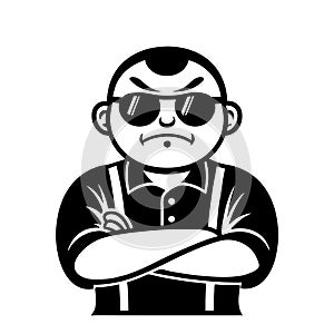 Confident Cartoon Bodyguard with Brooding Expression and Sunglasses in Black and White Style photo