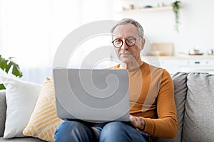 Confident casual mature man in glasses using laptop at home