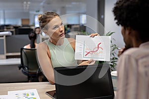 Confident caucasian businesswoman showing graph to biracial businessman during meeting in workplace