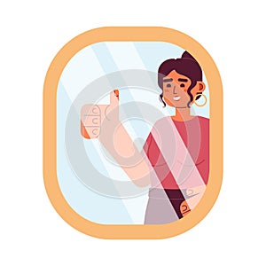 Confident caucasian woman showing thumb up in mirror reflection semi flat colorful vector character