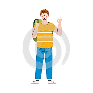 Confident cheerful man or student shows OK, cartoon vector illustration isolated.