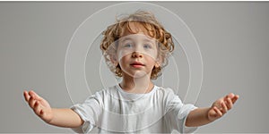 A Confident Child Gestures Eagerly, Directing Attention Offcamera While Making Eye Contact, Copy Space