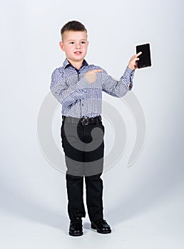 Confident child has business start up. Modern life. small boy with mobile phone. little boss. Ceo direstor. Office life