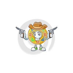Confident chinese circle feng shui Cowboy cartoon character holding guns