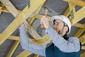 confident construction worker hammering nail on wooden plank