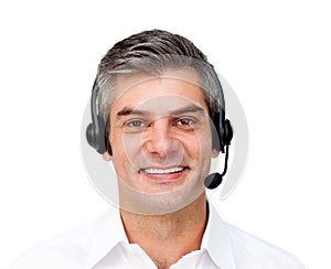 Confident customer service agent with headset on