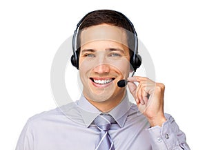 Confident customer service agent using headset