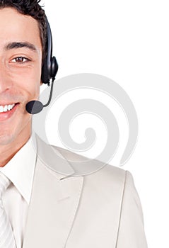 Confident customer service representative using he
