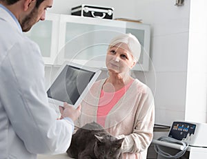 Confident doctor explaining x-ray result of russian blue cat to owner at clinic