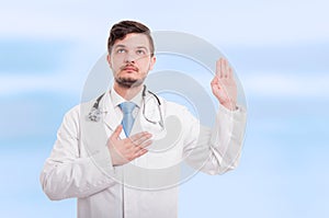 Confident doctor rising hand up doing loyalty gesture