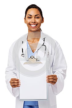 Confident Doctor Showing Blank Paper On Clipboard