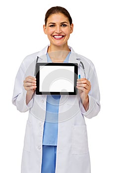 Confident Doctor Showing Digital Tablet