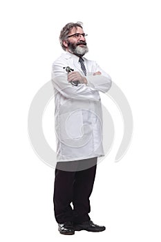 Confident doctor with a stethoscope. isolated on a white