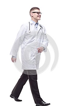 confident doctor with a stethoscope striding forward.