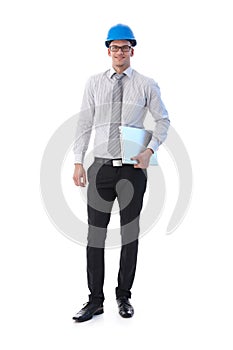 Confident engineer smiling with laptop