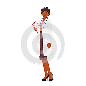 Confident Female Doctor Character Standing With Clipboard, Providing Professional Medical Care, Vector Illustration