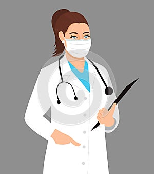 Confident Female Doctor illustration vector. Woman doctor wearing mask. Nurse`s uniform and stethoscope. Woman nurse Vector flat i