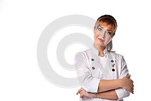 Confident female doctor in a white coat posing with a slight smile.  Hospital, doctor, ambulance, healthcare