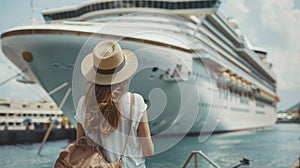 Confident female tourist embarking on adventure in front of majestic cruise liner photo