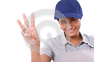 Confident female worker raising, pointing up 3 fingers gesture